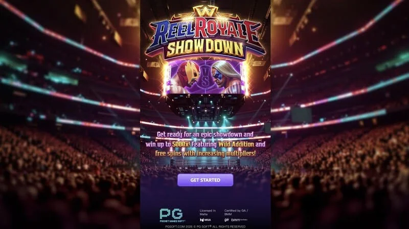 Reel Royale Showdown - hoofdscherm met rollen en drie Wild Addition slots